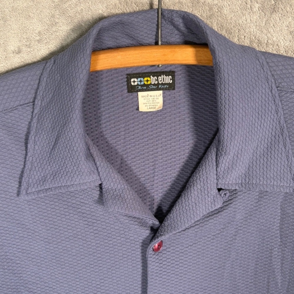 Vintage BC Ethic Mens L Blue Textured Camp Collar Button Up Shirt Loop Collar - Picture 5 of 13